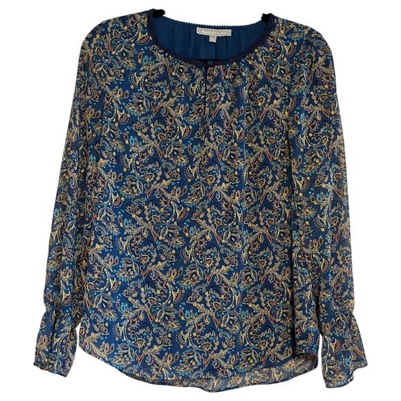 Daniel Rainn Floral Paisley Keyhole Long Sleeve Blouse Navy Gold Petite Small - Picture 1 of 6